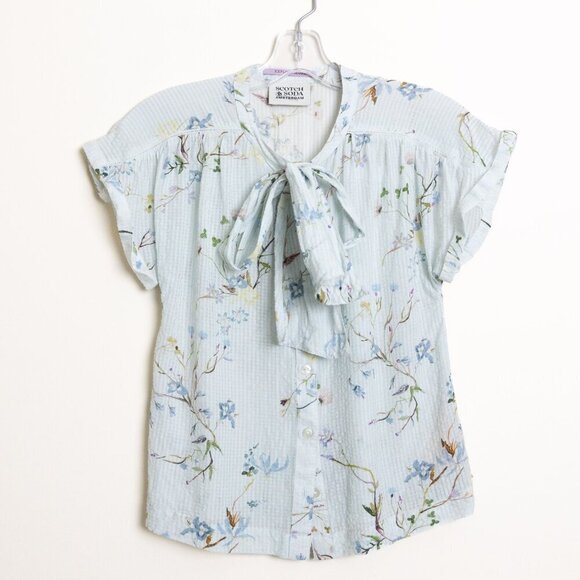 Scotch & Soda Floral Blouse Button Up Shirt Neck Scarf Short Sleeve - Picture 2 of 15